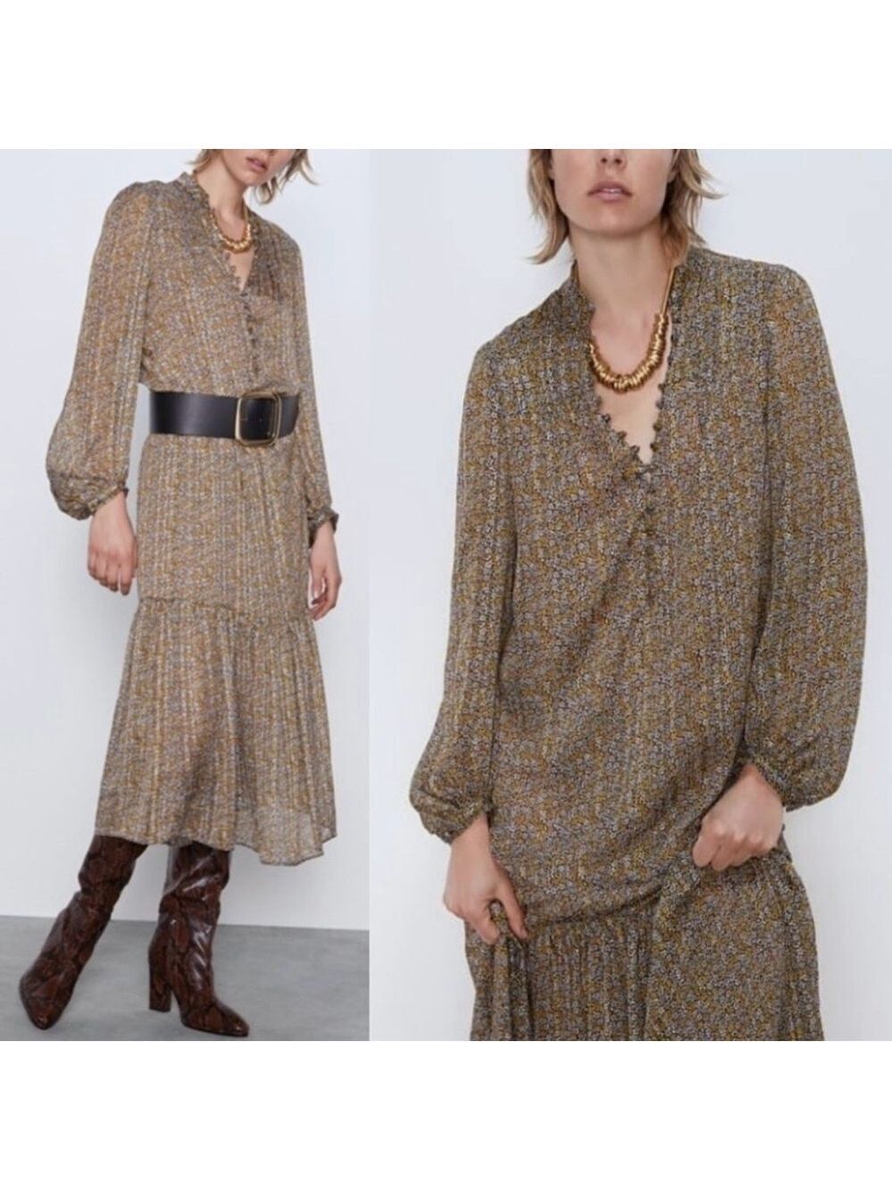 Zara Floral Print Dress Size M Balloon Sleeves Delicate Semi Sheer Lined